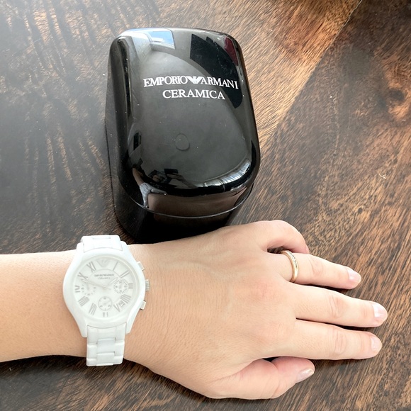 Emporio Armani Ceramica Glossy White & Silver Watch w/ Date & Dual Clasp - Picture 1 of 9